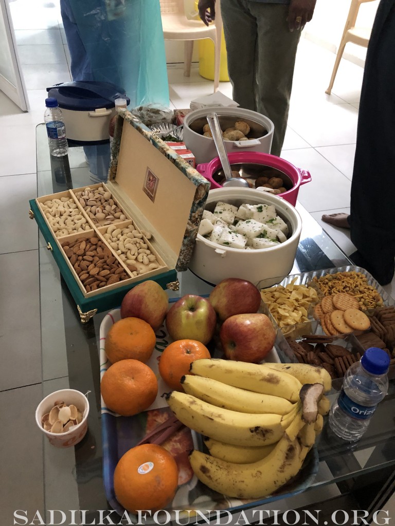 Fruits, nuts, and snacks donated by volunteers to help keep energy levels high for surgeons and OR staff.